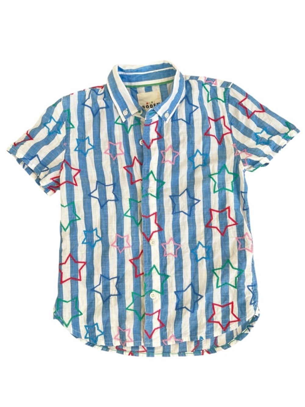 Mini Boden Cotton Stars and Stripes Embroidered Button-Down Shirt 7/8Y